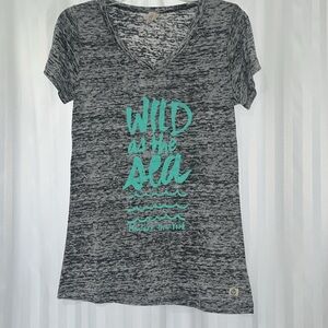 Grey short sleeve T-shirt w/ “Wild as the Sea”  Montauk NY Graphic